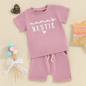 Летняя одежда для маленьких девочек с круглым вырезом и буквенным принтом в виде сердца, футболки с короткими рукавами, топы и шорты, комплект одежды из 2 предметов