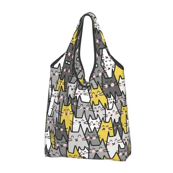Переработка, Милая Креативная Сумка для покупок с кошкой, женская сумка-тоут, портативные Сумки для покупок с продуктами