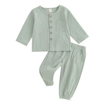 Осенняя одежда Louatui для детей, Однотонные топы с круглым вырезом и длинными рукавами, пуговицы, Комплект длинных брюк с эластичной резинкой на талии