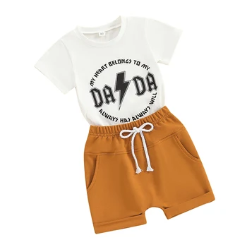 Летняя Одежда для маленьких мальчиков, футболки с милым буквенным принтом, топы с короткими рукавами и эластичные шорты, одежда для игр.