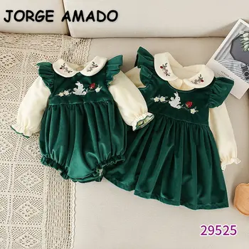 Зимняя семейная одежда С длинными рукавами, Темно-зеленое лоскутное флисовое боди + платье принцессы, Наряды для девочек-сестер-близнецов E9515