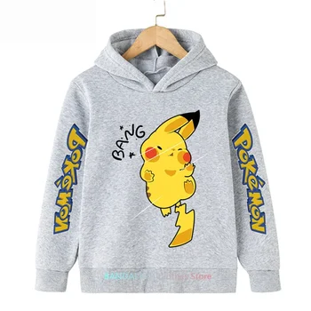 Одежда Kawaii Pokemon Для детей, Осенняя толстовка с капюшоном Пикачу, Толстовка с набивным рисунком, Детские пуловеры с капюшоном