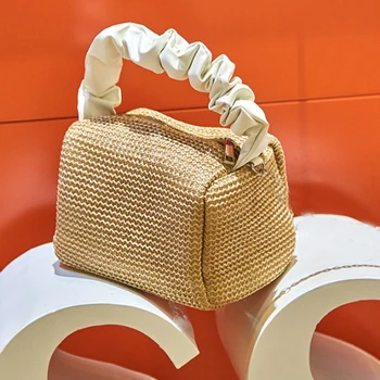 Летняя соломенная женская сумка 2023, новая винтажная плиссированная женская сумка контрастного цвета, маленькая квадратная сумка через плечо, сумка через плечо