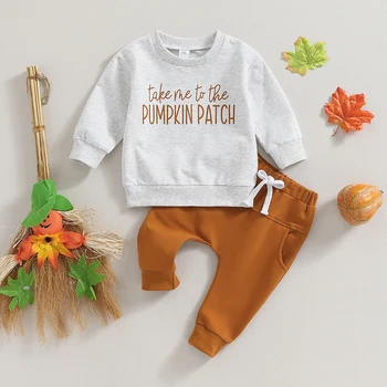 Осенний комплект штанов для маленьких мальчиков, толстовка с круглым вырезом и буквами тыквы, толстовка с эластичным поясом, спортивные штаны на Хэллоуин