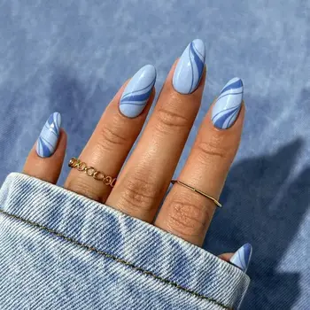 24шт Длинные миндалевидные накладные ногти, французские синие полоски, накладные ногти, маникюр своими руками, съемные типсы для ногтей