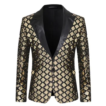 Модный мужской роскошный клетчатый пиджак с блестками, золотой / серебряный, для певицы, ведущей сценической вечеринки, свободное платье, блейзер, пальто