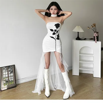 Горячая девушка, сексуальное черно-белое супер мини-платье без бретелек, сетчатый хвост, тонкое платье в стиле пэчворк, платье с открытыми плечами, платье для вечеринки в честь дня рождения