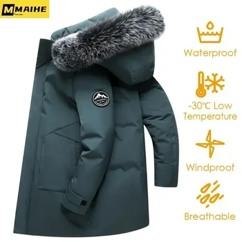 2023 Зимняя длинная пуховая куртка для мужчин, брендовая повседневная куртка с меховым воротником и капюшоном из белого утиного пуха, теплое пальто для мужской одежды, зимняя куртка