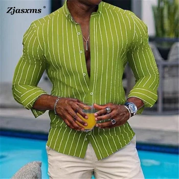 Мужская рубашка в полоску с длинным рукавом, осенняя повседневная свободная блузка с лацканами на пуговицах, мужские льняные однобортные рубашки в винтажном стиле, уличная одежда