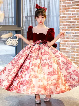 2024 Teenmiro Винтажное вечернее платье с цветочным узором для девочек, детские бархатные лоскутные банкетные платья для девочек-подростков, роскошная одежда для вечеринок