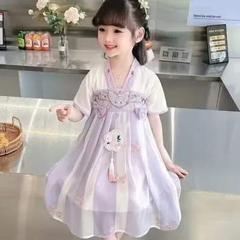 Детское летнее платье с короткими рукавами в китайском стиле, древнее платье принцессы Hanfu для маленькой девочки