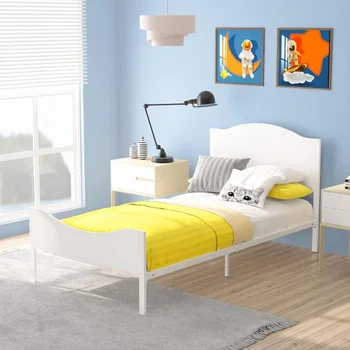 Детская двуспальная кровать, деревянное изголовье и задняя панель, металлический каркас кровати-платформы, современная детская мебель для кроватей, детская кровать