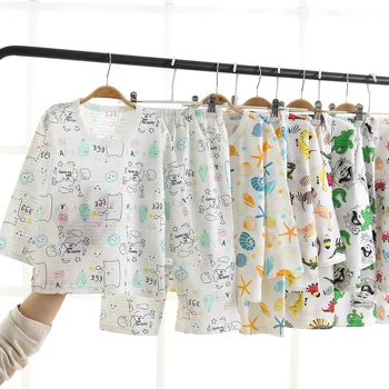 Детский пижамный комплект, Летняя одежда с кондиционером для мальчиков, хлопковая детская одежда с длинными рукавами для девочек, детский костюм с короткими рукавами