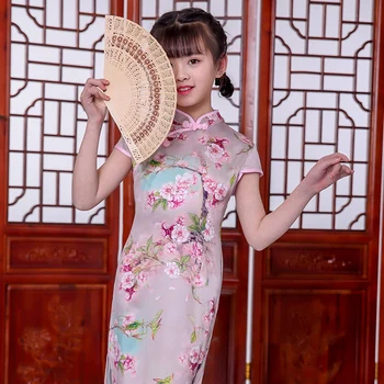 Прекрасный китайский ребенок Девочка Платье Чонсам с цветочным принтом для девочек Платье Ципао Подарок на Новый год Вечерняя одежда