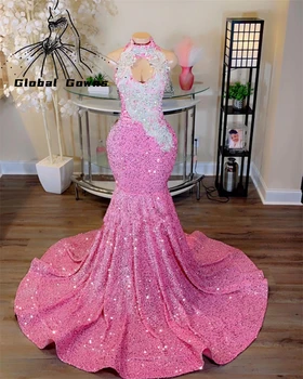 Розовое длинное платье для выпускного вечера с высоким воротом для чернокожих девушек 2023 года, расшитое блестками, платья для вечеринки по случаю дня рождения, аппликации, вечерние платья Русалка