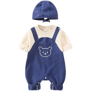Одежда для новорожденных со шляпой, осенний милый цельный комбинезон, Весенне-осенний альпинистский костюм с капюшоном, одежда с принтом Маленького медведя.