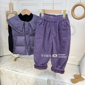Корейская детская одежда 2023, зимние свободные брюки для девочек, плюшевые утепленные брюки для девочек, детские теплые вельветовые брюки