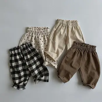 Детские винтажные клетчатые брюки для мальчиков, Детские Свободные широкие брюки из хлопка в горошек, весенне-летние универсальные хлопковые брюки с высокой талией