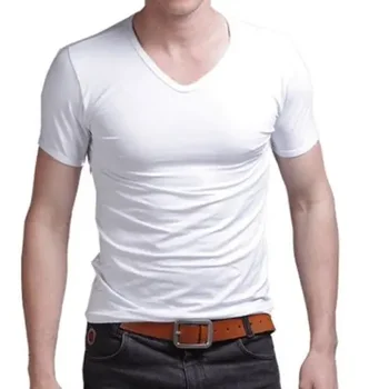 B2048 Летняя футболка с горячей распродажей, Новые мужские топы с V-образным вырезом, футболка, приталенная, с коротким рукавом, однотонная повседневная футболка