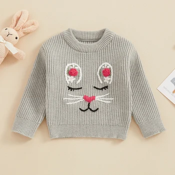 Свитер для девочки с длинным рукавом и круглым вырезом, зимний теплый вязаный пуловер с кроликом, Свитер для младенцев