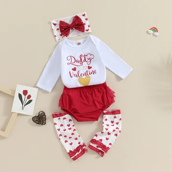 SUNSIOM/ Комплект одежды на День Святого Валентина для маленьких девочек из 5 предметов, комбинезон с длинными рукавами, кружевными шортами и гетрами, комплект одежды с повязкой на голову