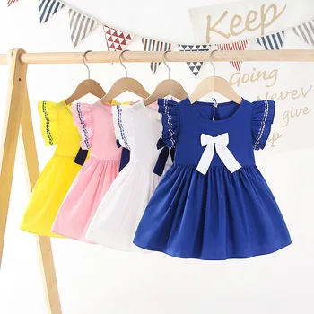 Платье для девочек, однотонное хлопковое платье принцессы для девочек, детская одежда с галстуком-бабочкой, мини-детская одежда длиной выше колена