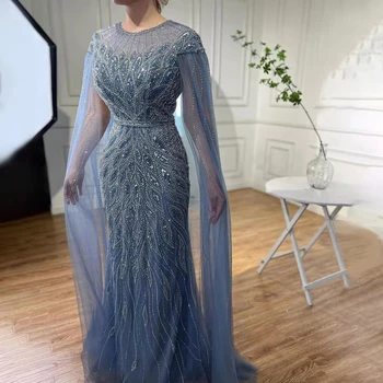 Арабские синие вечерние платья с рукавами-накидками, Платья для женщин, Роскошное длинное свадебное платье 2024 года, расшитое бисером в виде русалки