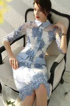 Облегающее вечернее платье с коротким рукавом с коротким рукавом для работы в моде Элегантные платья для гостей на свадьбу в синий цветок Винтажные