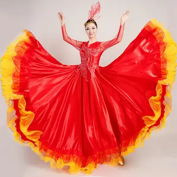 Новое Красное танцевальное платье для открытия, Испанское платье с большими свингами, Женская вышивка, Переходный цвет, Сценический Национальный танцевальный костюм