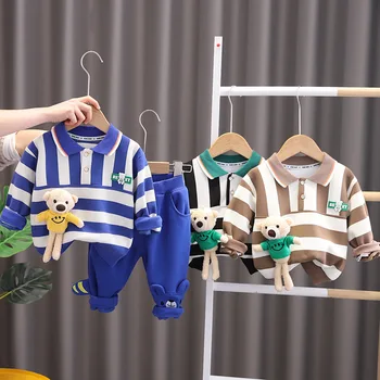 2023, Корея, Весенний комплект одежды из двух предметов для маленьких мальчиков, толстовка в полоску с мультяшным медведем, спортивные штаны, спортивный костюм, одежда для маленьких мальчиков