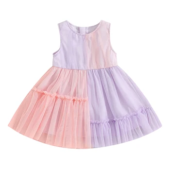 Летнее повседневное пляжное платье для маленьких девочек без рукавов с круглым вырезом, платья из тюля контрастного цвета