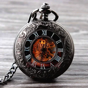 Цепочка для механических карманных часов в стиле ретро с верхним аккордом, мужская полая рамка, циферблат из черной стали, модные механические карманные часы в подарок