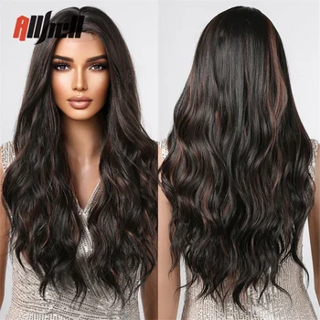Длинные волнистые черно-коричневые синтетические волосы, кружевные парики, красно-коричневые парики с подсветкой, термостойкие натуральные волосы для женщин, повседневный косплей