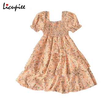 Модное платье с коротким рукавом и цветочным рисунком для девочек 1-6 лет, стильное платье с квадратным воротником, повседневные платья с принтом для девочек