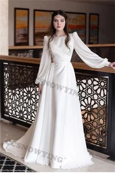 Элегантные аппликации из бисера, мусульманское свадебное платье для невесты, Исламские свадебные платья с длинным рукавом, круглый вырез, Женское Арабское свадебное платье