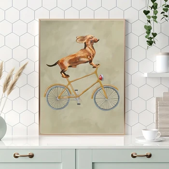 Забавная такса, катающаяся на велосипеде, картина, собака, печать на холсте, плакат, ретро настенное искусство, картина для гостиной, эстетичный домашний декор