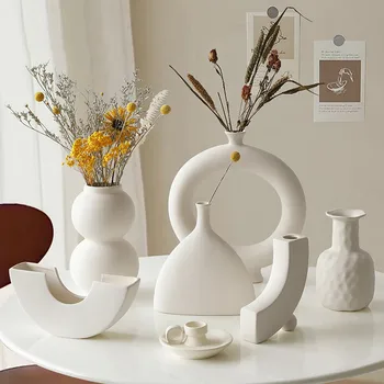 Креативные скандинавские Простые Однотонные керамические вазы, украшения из сухих цветов, Цветочная композиция для гостиной, Обеденный стол, Украшение дома