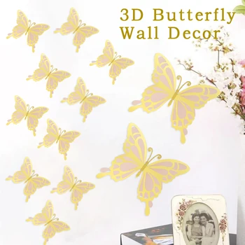 12шт 3D наклейка с бабочкой Декоративная Реалистичная наклейка с бабочкой на стену 2 размера ЗолотистоРозовая бабочка Декор стен Креативная бумага