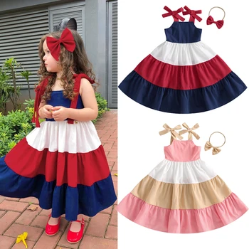 Летнее модное детское платье для девочек, 3 цвета, подходящие по цвету завязки на бретельках, сарафан с оборками, повязка на голову