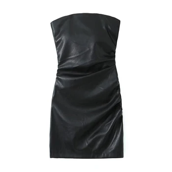 Сексуальное женское вечернее мини-платье из искусственной кожи с рюшами, без бретелек, черное, Vestidos