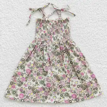 Оптовая продажа, без MOQ, детская цельная одежда для бутика, летняя одежда на бретельках, платье с цветочным рисунком для маленьких девочек