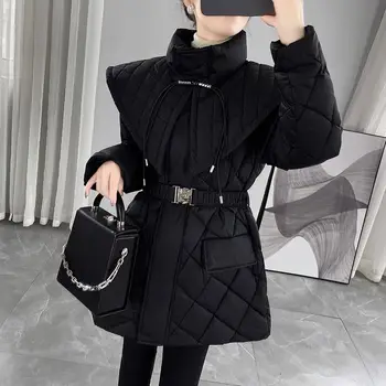 Черная хлопчатобумажная куртка со стоячим воротником для женщин, пальто зимой 2023 года, версия одежды, хлопчатобумажная куртка средней длины с талией