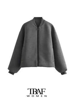 TRAF Женская мода, боковые карманы, негабаритная куртка-бомбер, пальто, винтажная женская верхняя одежда на молнии с длинным рукавом, шикарные топы