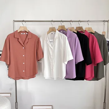 Рубашки Женские Летние Однотонные ярких цветов Для отдыха, универсальные винтажные женские топы, Шикарные Элегантные блузки в стиле ретро