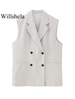 Willshela, Женская мода, Серый Двубортный жилет, куртки без рукавов, Винтажный жилет с V-образным вырезом, женские шикарные женские топы