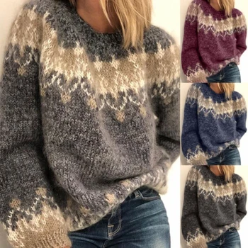 Женский вязаный свитер в стиле ретро с принтом Fair Isle, Повседневный свободный свитер с круглым вырезом и длинным рукавом, Легкий укороченный пуловер, Топы