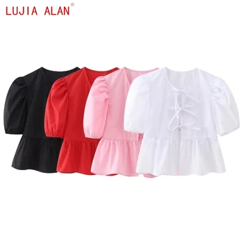 Новая женская рубашка с бантом на шнуровке 4 цвета, женская блузка с пышными рукавами, Повседневные свободные топы LUJIA ALAN B2973