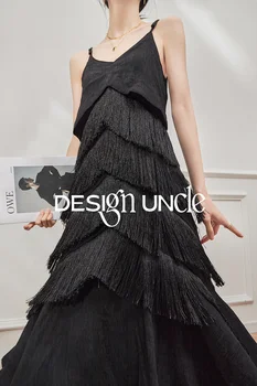 Платье-комбинация, Французское платье для чаепития, ниспадающая кисточка, Дизайн Небольшой толпы, Черное платье в курортном стиле с рыбьим хвостом, Длинное