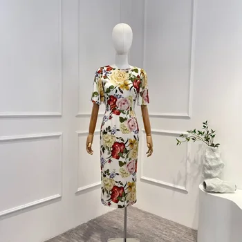Цветочный принт 2023 Новое Высококачественное Летнее Винтажное платье Миди с коротким рукавом и изящной открытой спиной