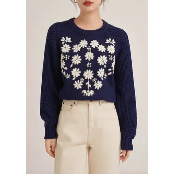 Винтажный свитер с круглым вырезом и вышивкой 2023, зимняя женская одежда, пуловер, классический вязаный топ